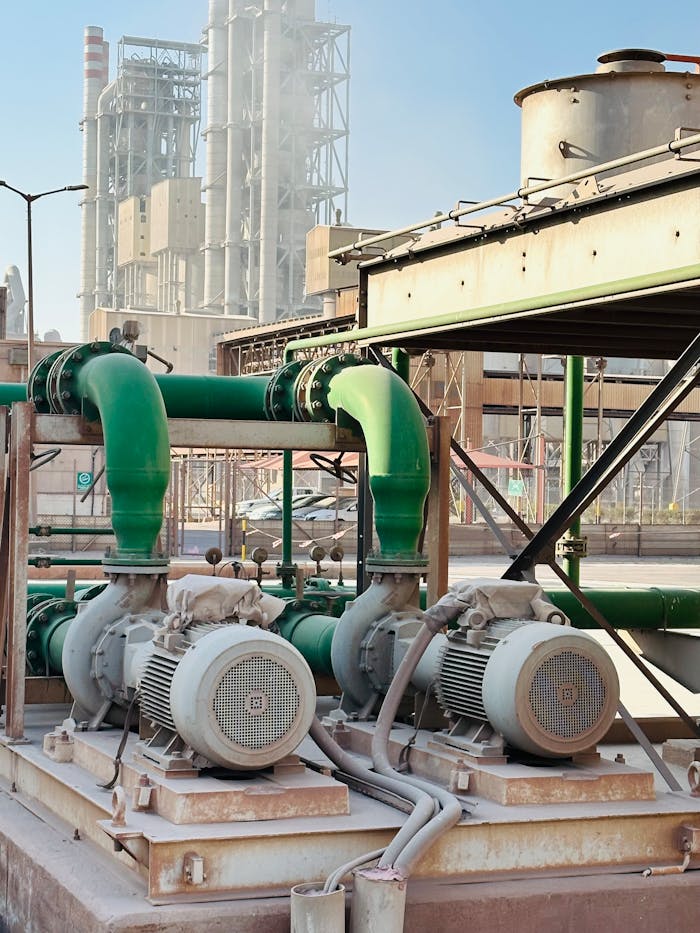 who-we-are Outdoor scene of industrial machinery with distinct green pipes at a large factory.